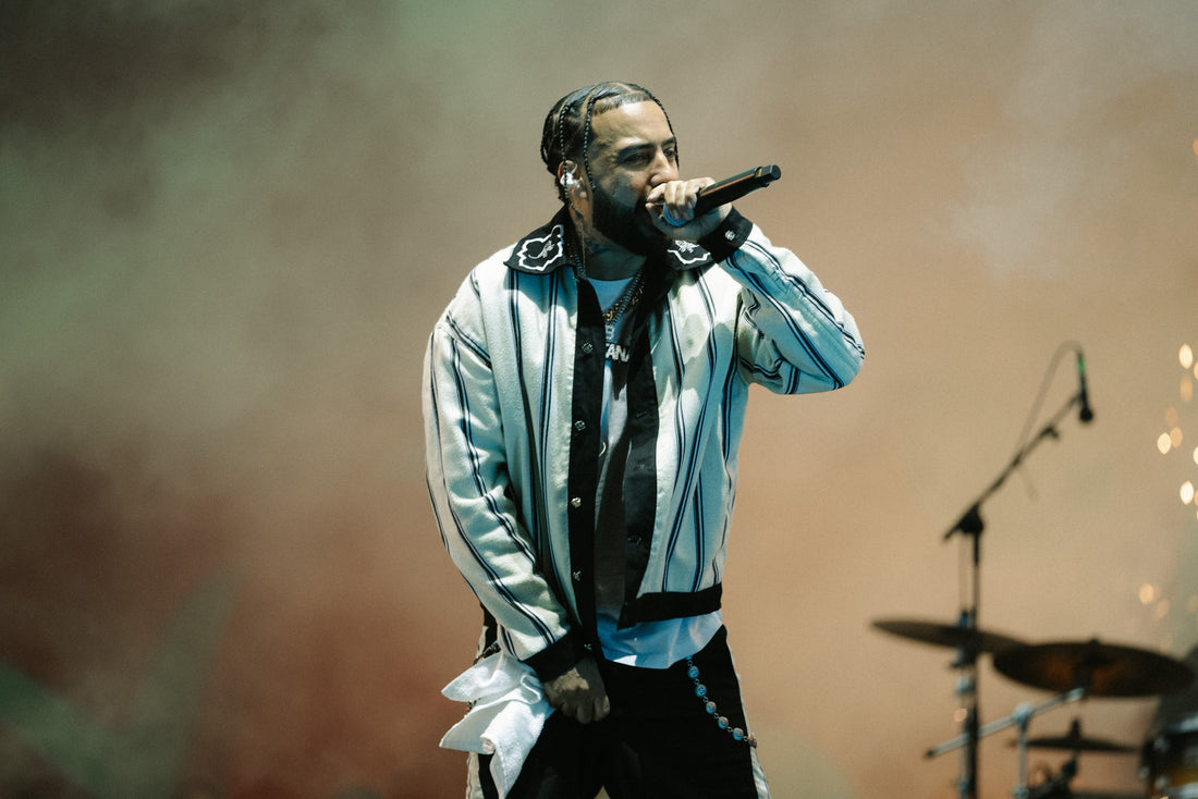 French Montana performing on stage wearing the Glory RM Black & White Jelaba, handmade in Marrakech